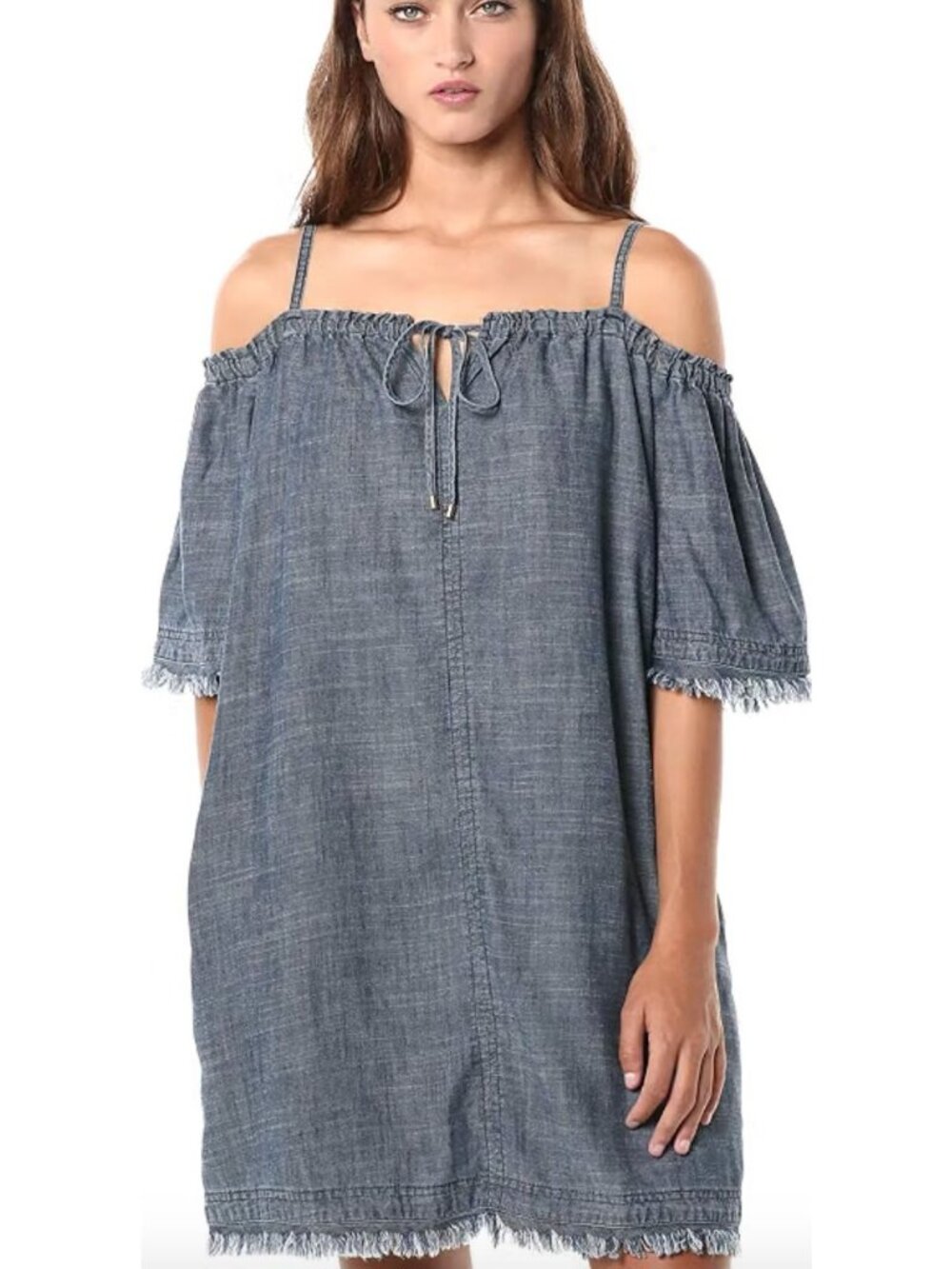 Trina Turk Chill Crosshatch Chambray Off Shoulder Linen Dress Size Small